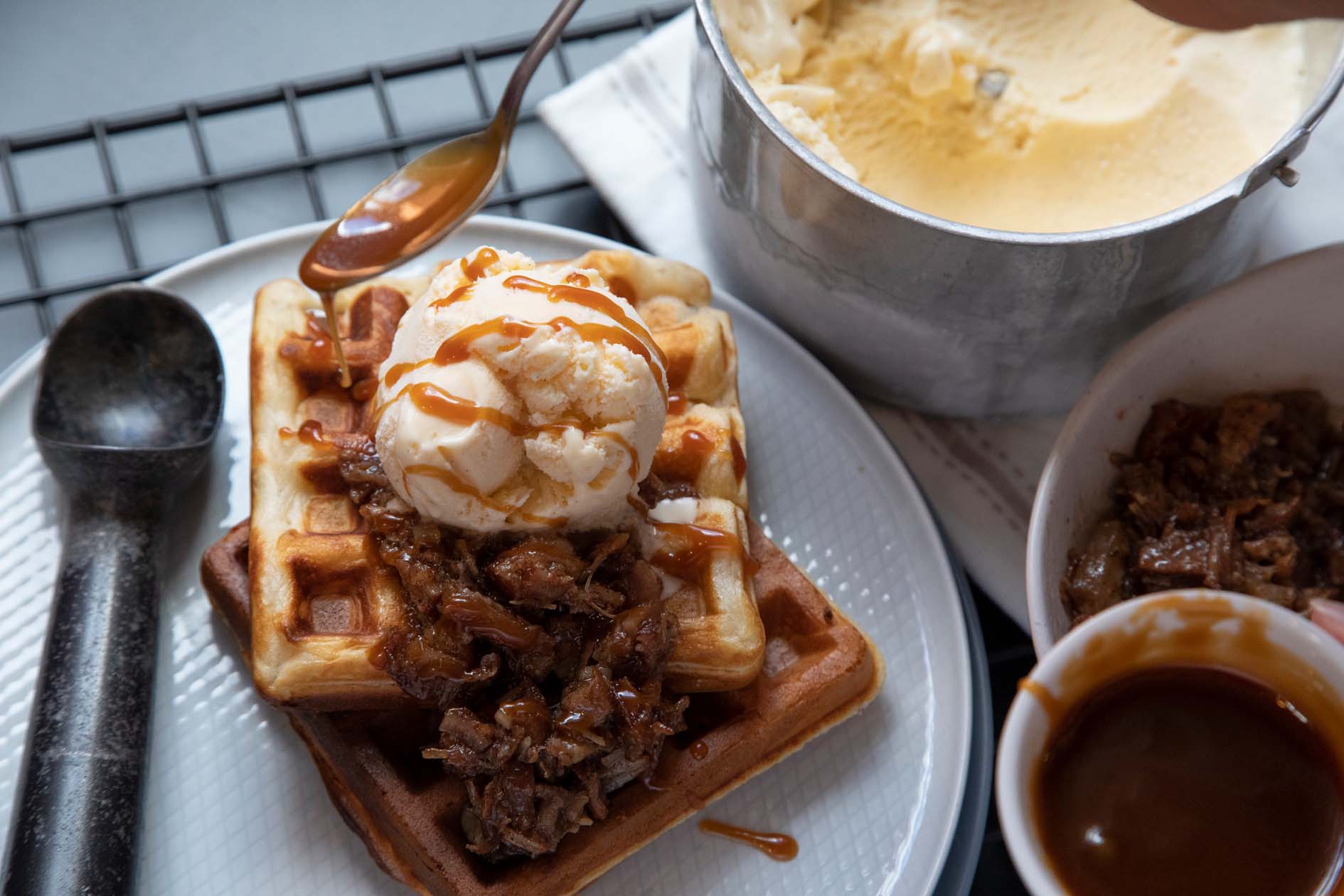 Candied pork belly with homemade waffles, butterscotch caramel and smoked vanilla ice cream
