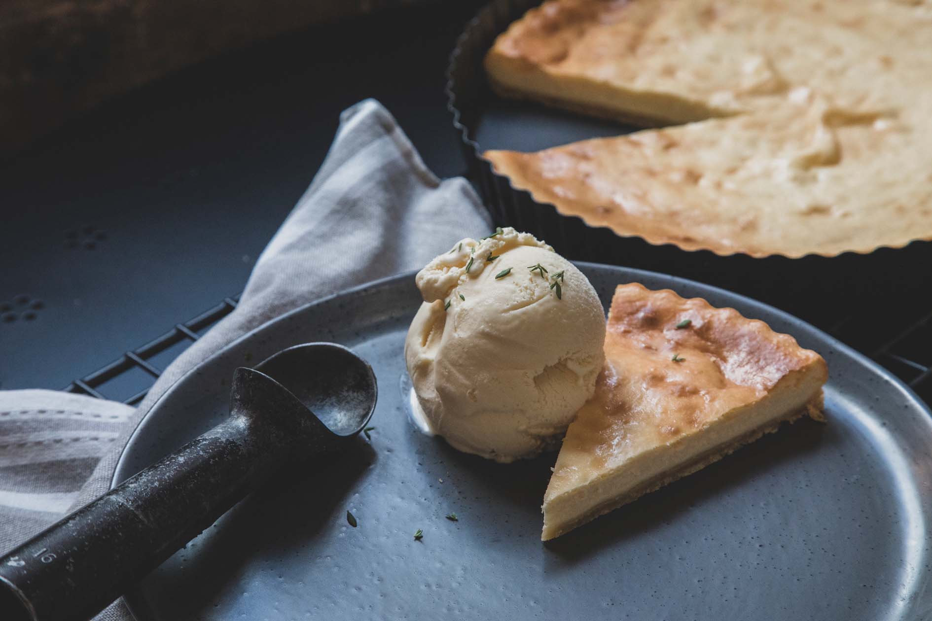 Home baked cheesecake with lemon, honey and thyme ice cream