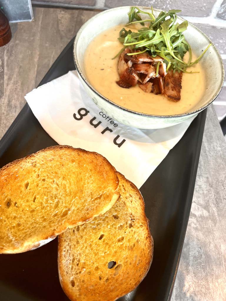 Potato, leek and smoky bacon soup at Coffee Guru Brookwater