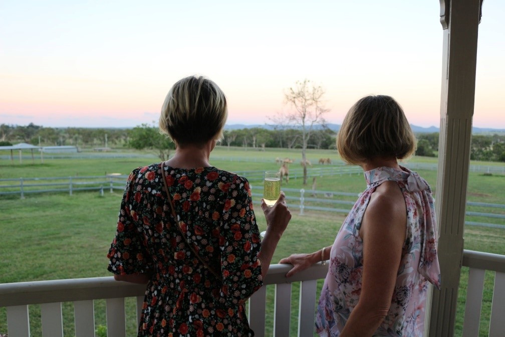 People standing on verandah looking out over Summer Land Camel farm. People standing on verandah looking out over Summer Land Camel farm.