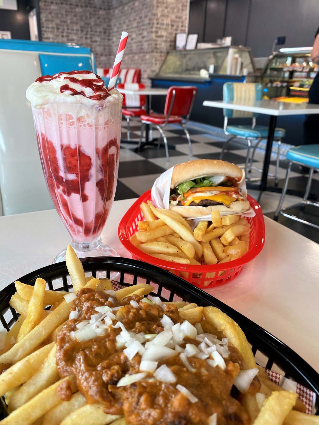 UB's Milk Bar (Ungermann Brothers) classic burger, stay loaded fries and strawberry milkshake