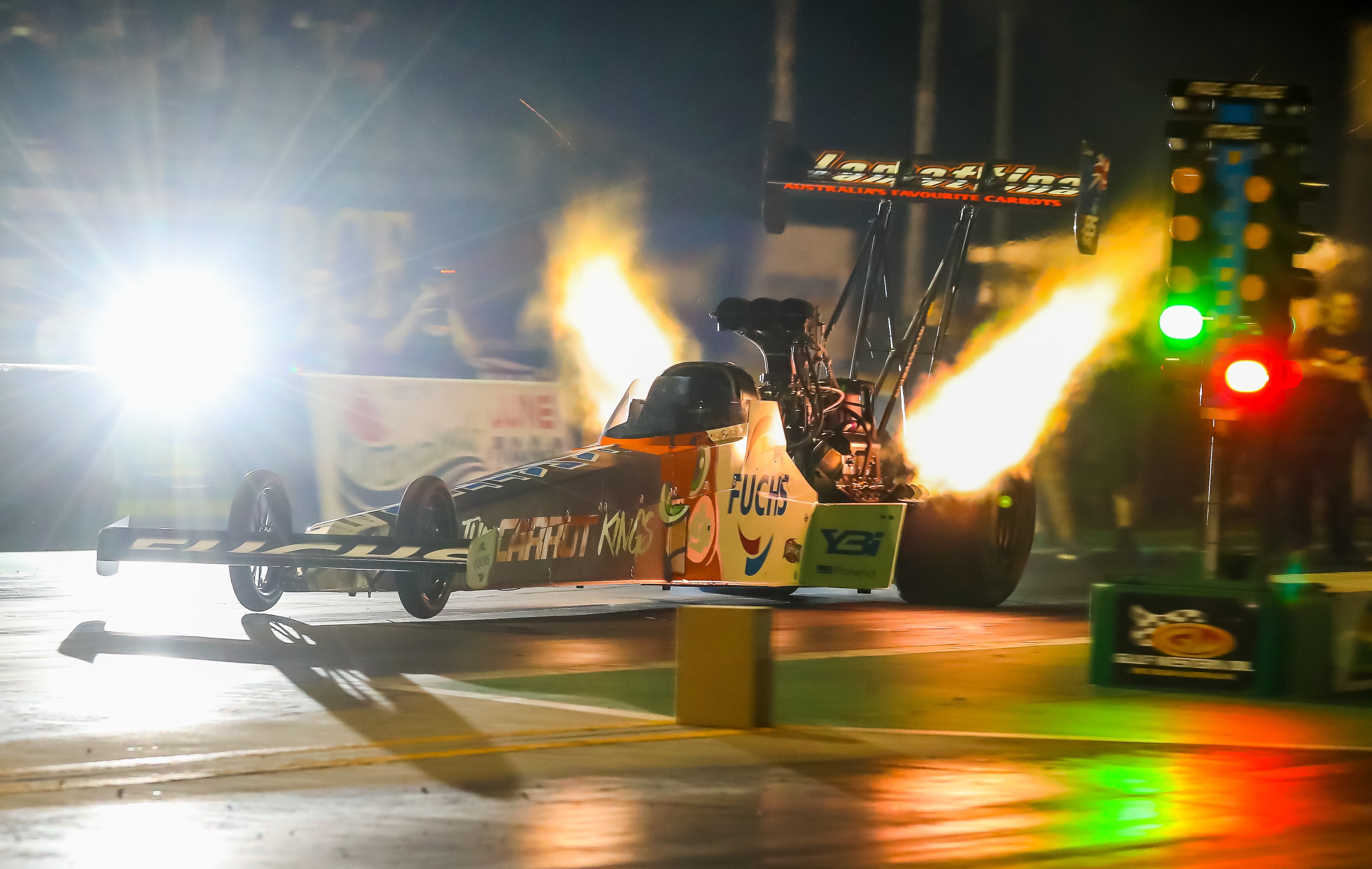 Australian Top Fuel Champion Kelly Bettes in her top fueler off the start gets to over 500kph in 3 seconds