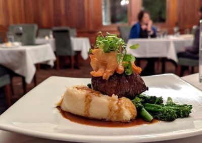 Eye fillet steak with tempura prawns at The Sugarmill Restaurant at Woodlands of Marburg