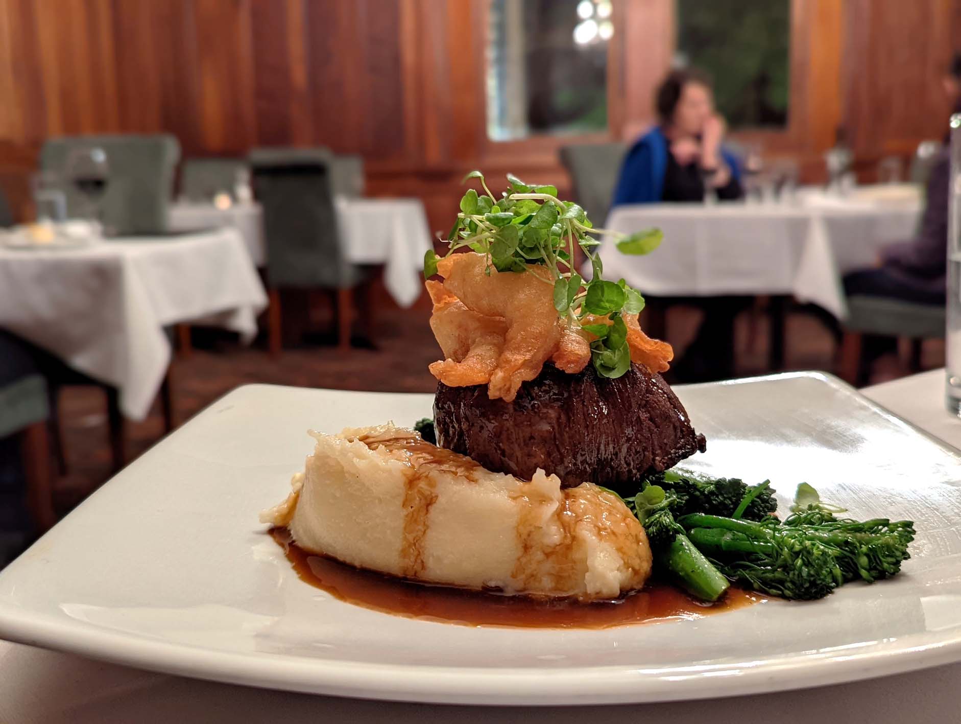 Eye fillet steak with tempura prawns at The Sugarmill Restaurant at Woodlands of Marburg Eye fillet steak with tempura prawns at The Sugarmill Restaurant at Woodlands of Marburg
