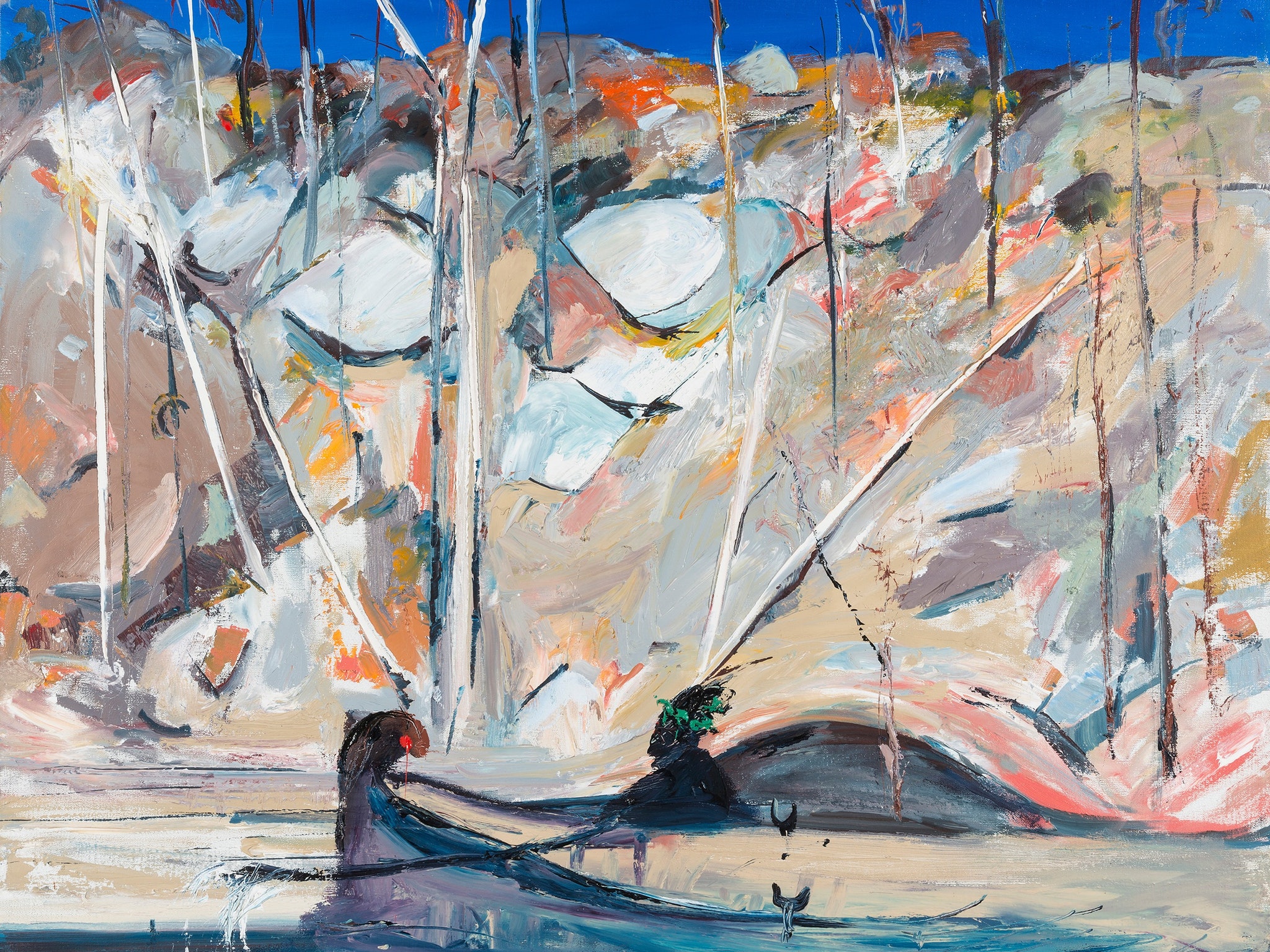 Boyd painting 2 abstract  figures in boat in landscape