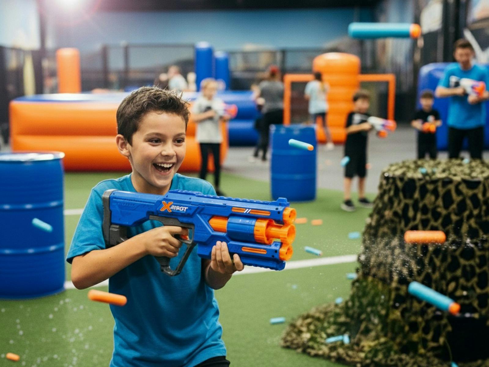 Child shooting Nerf bullets with people in background